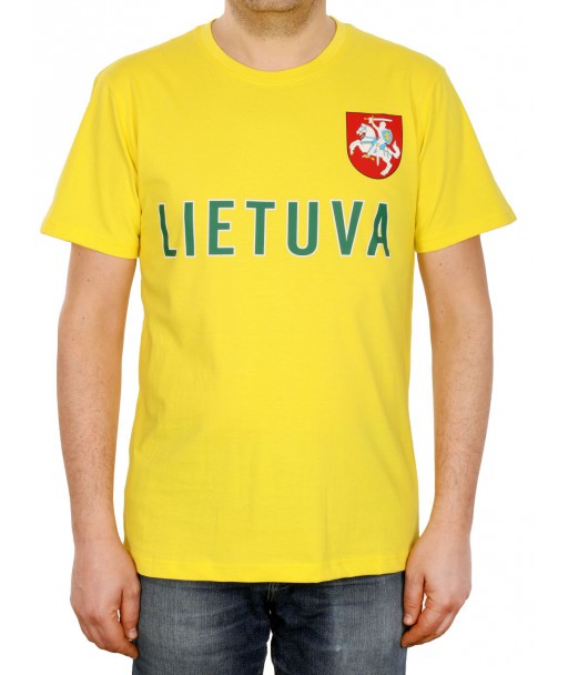 Geltoni sirgalių marškinėliai su užrašu Lietuva ir herbu